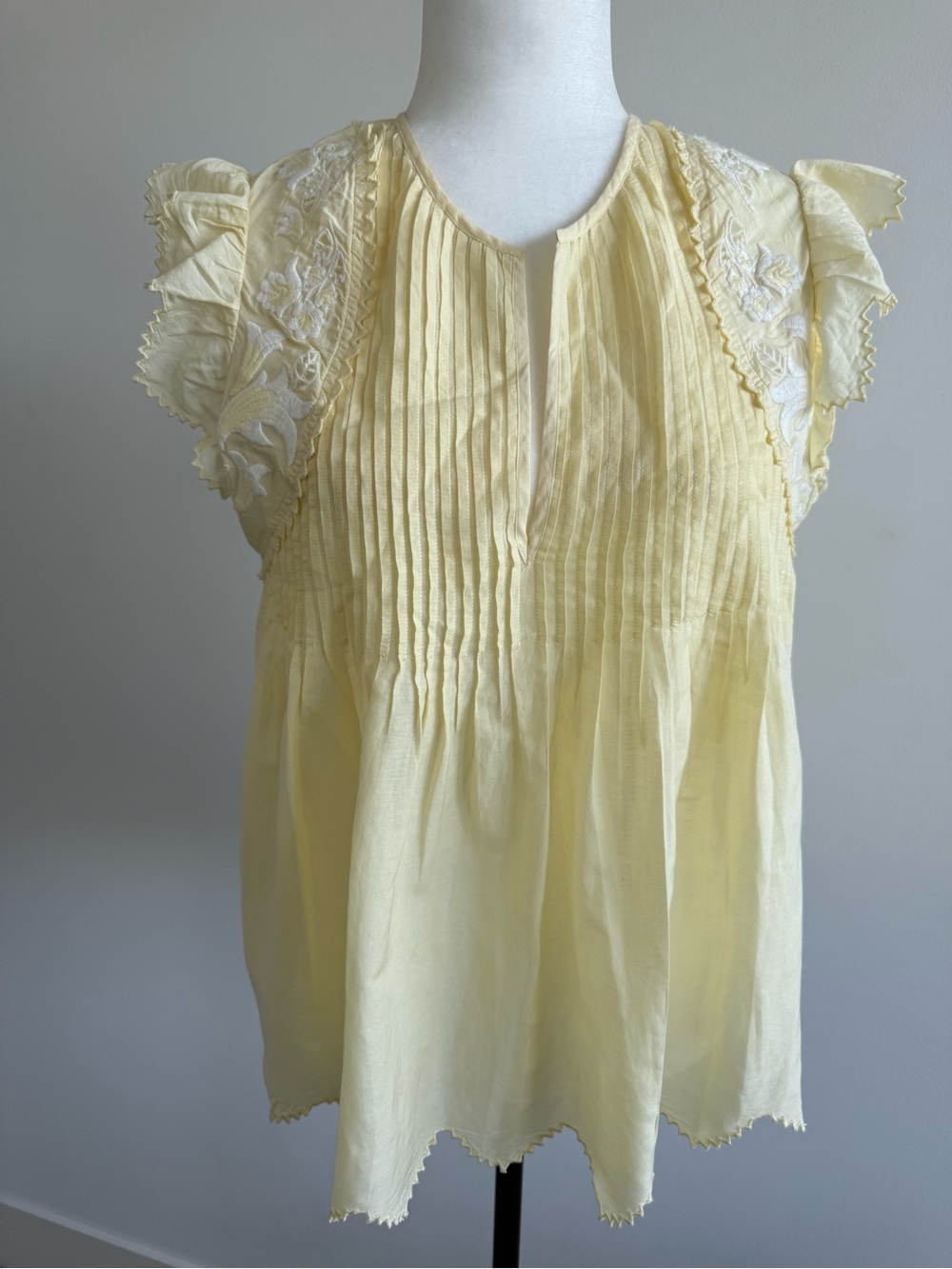 Zadig & Voltaire Pale Butter Yellow Pintuck Lace Flutter Sleeve Top